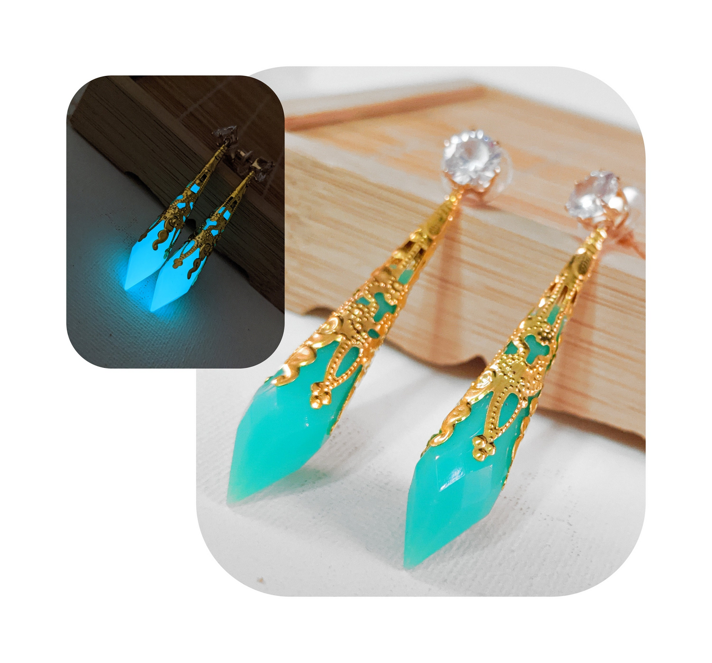 FFXIV Inspired Aetheryte Earrings - Glow in the Dark - Seafoam Green and Gold - Lightweight- Great for Fans of Final Fantasy XIV!